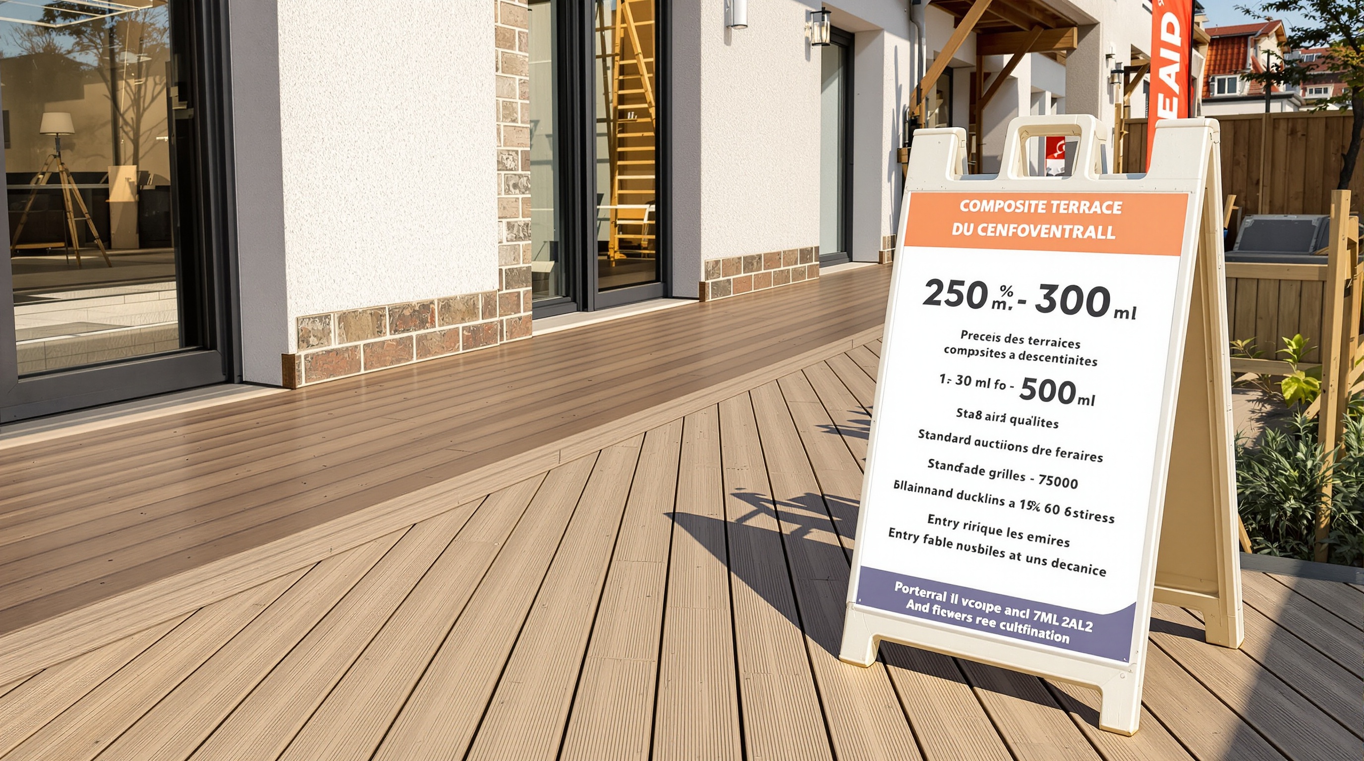 Comparatif visuel de trois terrasses composites : 20m², 30m² et 50m² avec prix affichés par scénario
