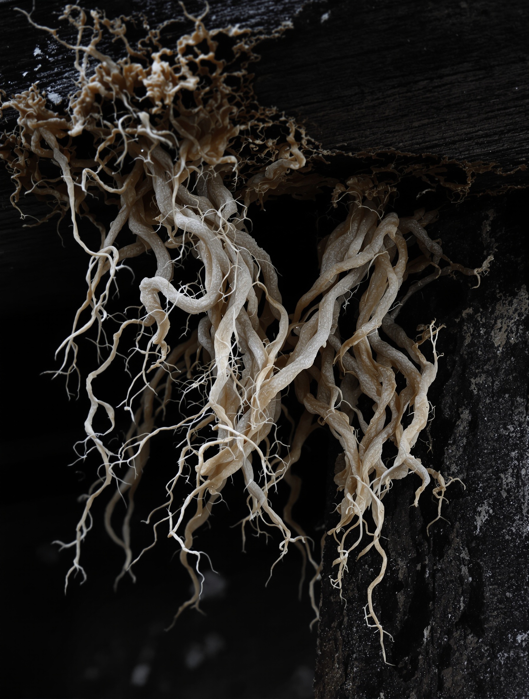 Filaments mycéliens de mérule attaquant une poutre en bois.